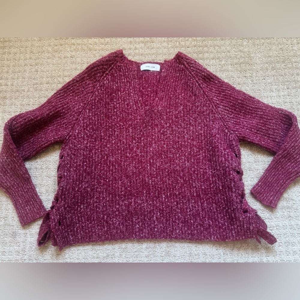 John + Jenn red Knit Sweater Lace Up Side Cozy Soft Fall Winter Sz S